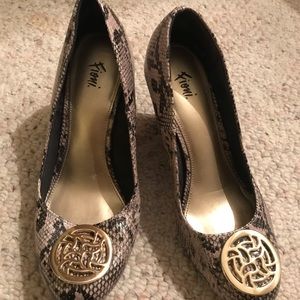 Snake print wedges with gold medallion closed toe